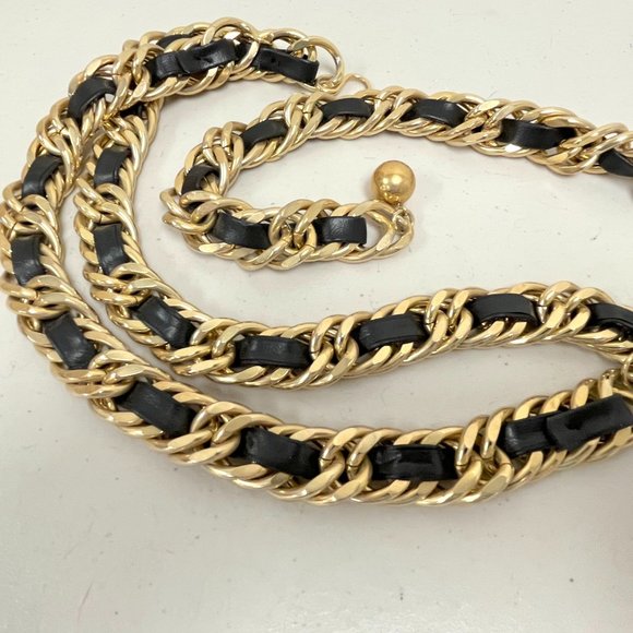 Vintage gold black braided leather chain belt 36\